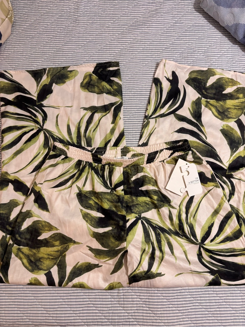 Light Pink Green Tropical-Print Wide Leg Pants